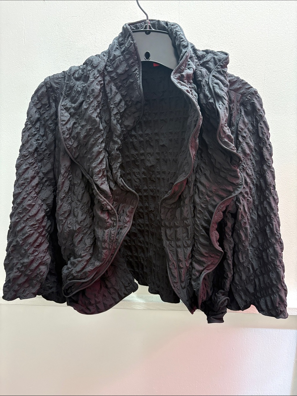 Textured Ruffle Open-Front Blazer Jacket - Black